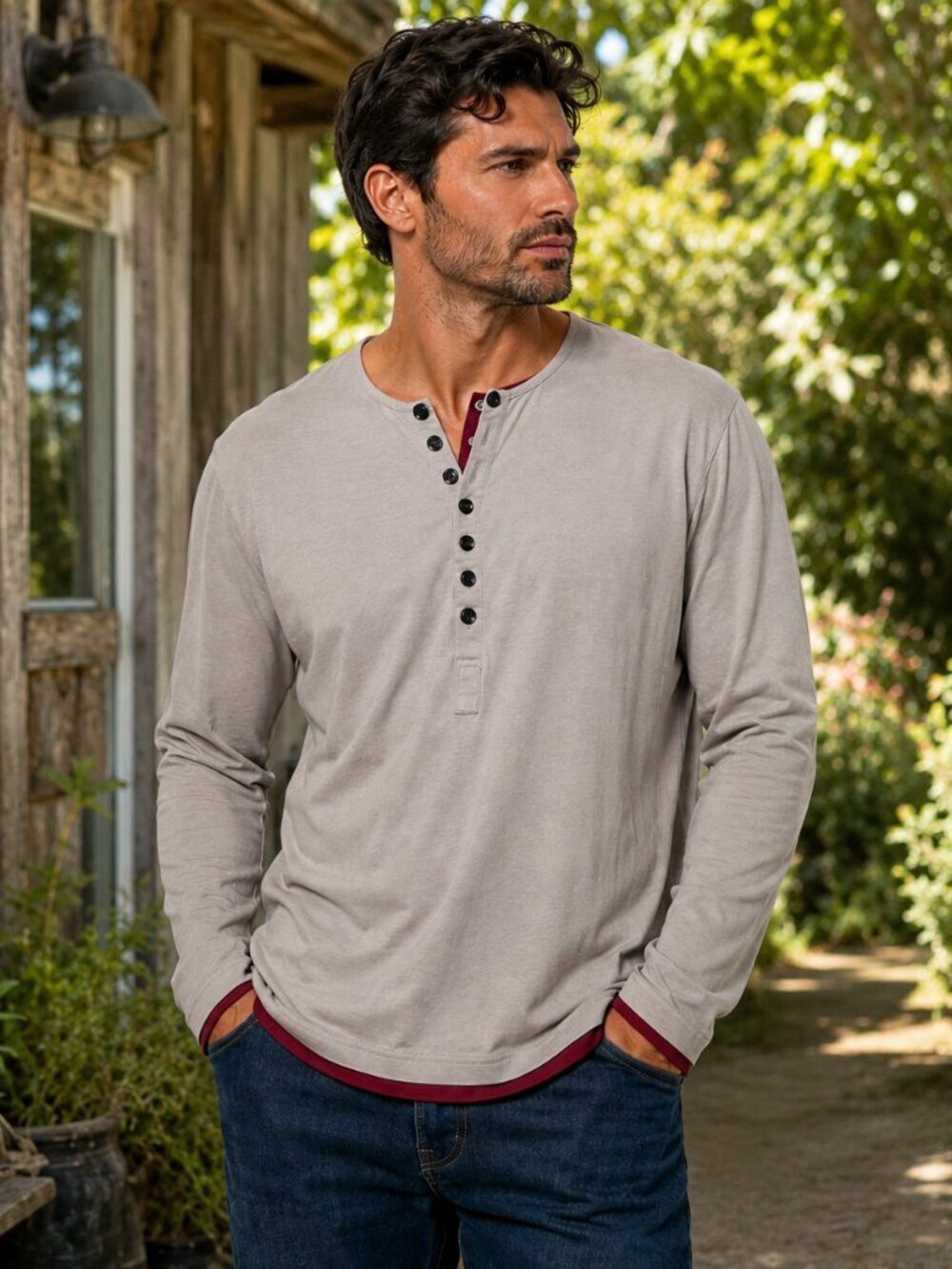TheLEES XL Long Sleeve Henley Shirt Gray Red Layered Look 100% Cotton Men's